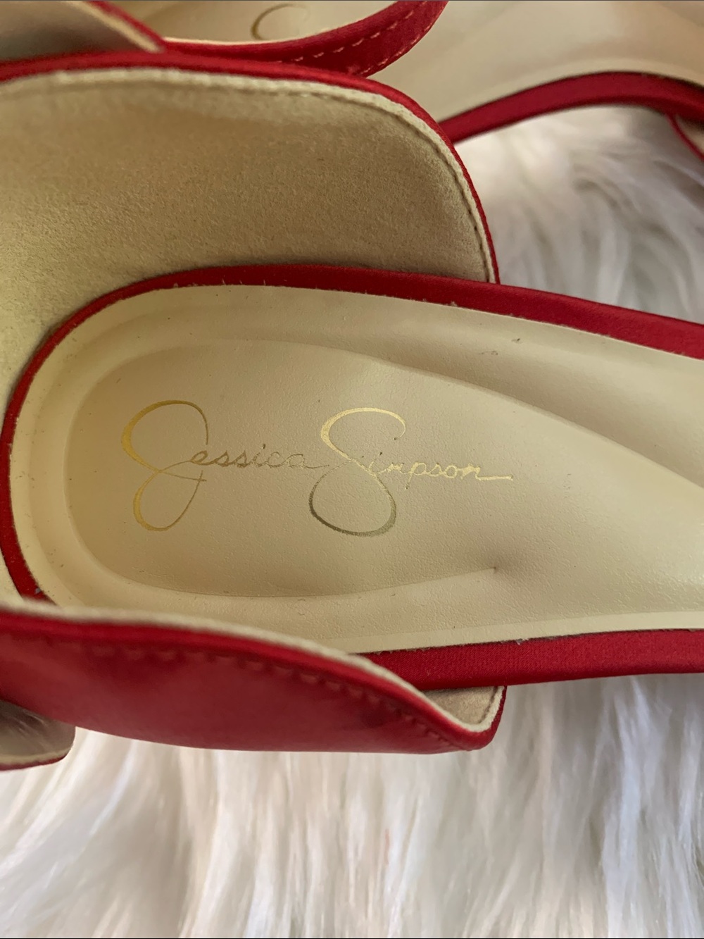Red Satin Pointed-Toe Ankle-Strap Heels with Bow Accent by Jessica Simpson 9.5M - Picture 7 of 10
